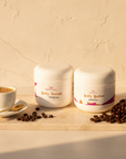 Soft Skin Set in Expresso – Body Scrub and Body Butter with an espresso cup and coffee beans