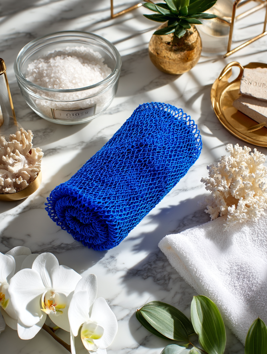 Royal blue African exfoliating net rolled on a marble counter beside bath salts, a white towel and white orchids