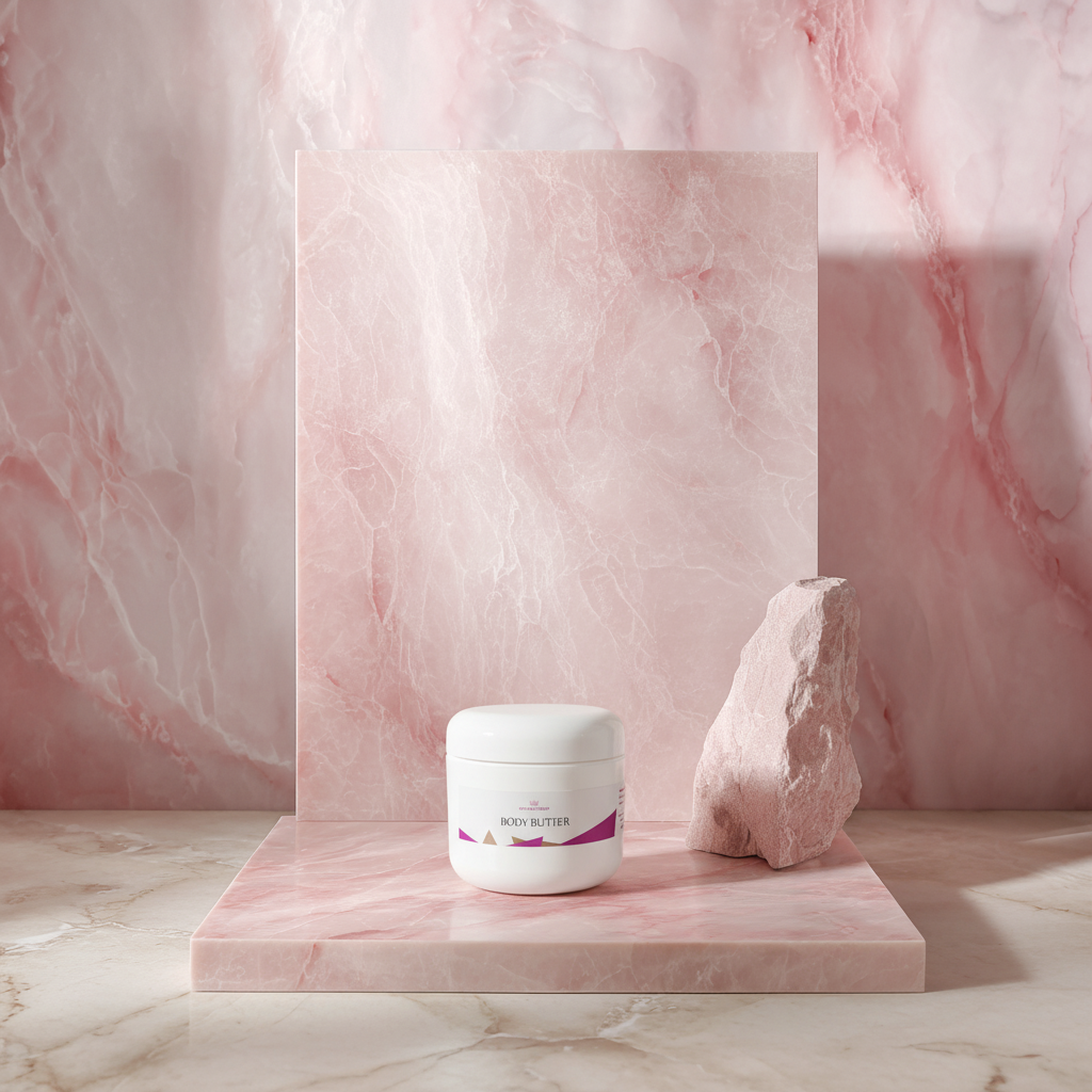 A jar of Cee Cee's Closet NYC body butter on a pink marble pedestal
