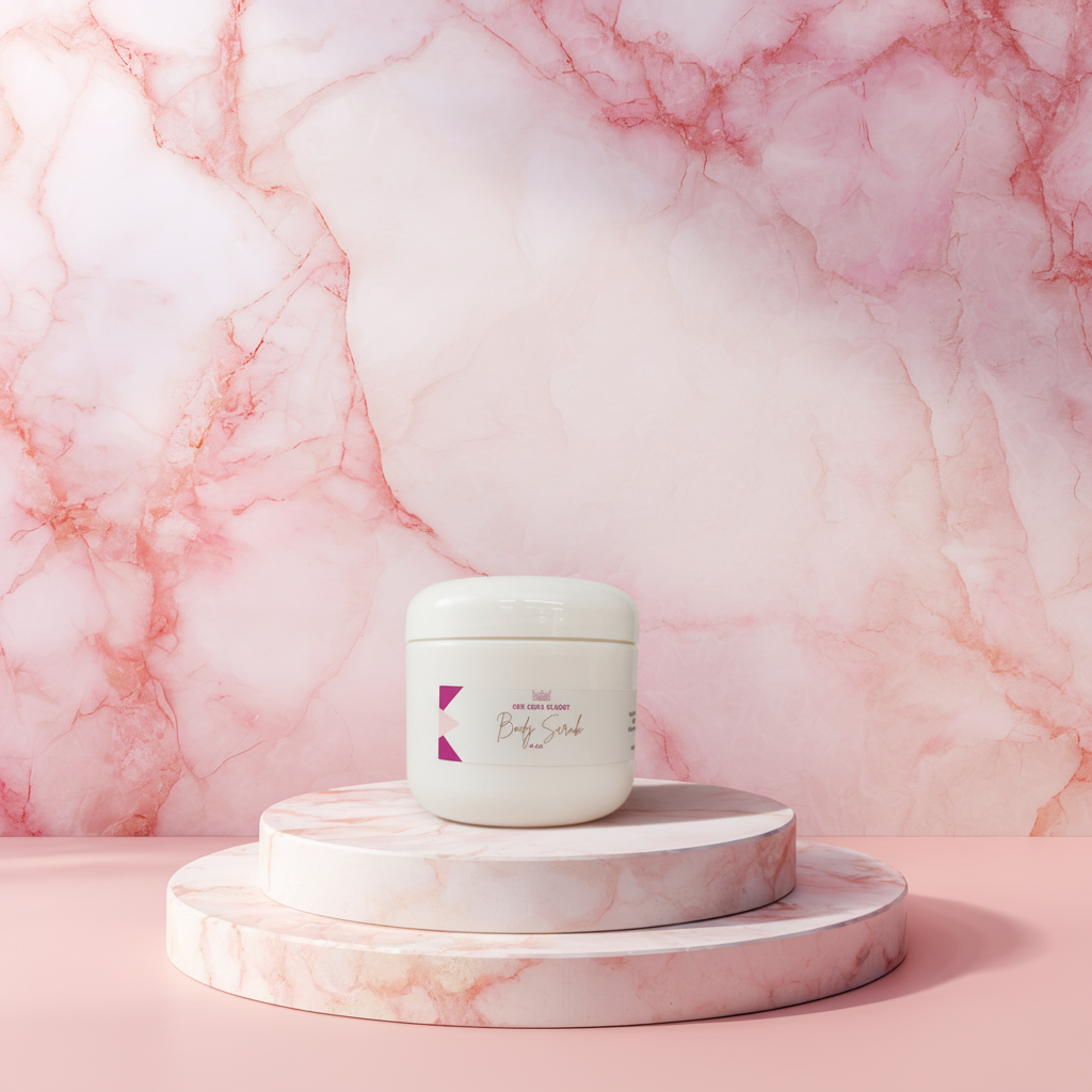 A jar of Cee Cee's Closet NYC Sugar Body Scrub on stacked marble stands against a pink marble backdrop