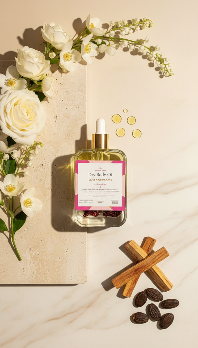 Queen of Hearts Scented Dry Body Oil on travertine with white roses, palo santo and drops of oil