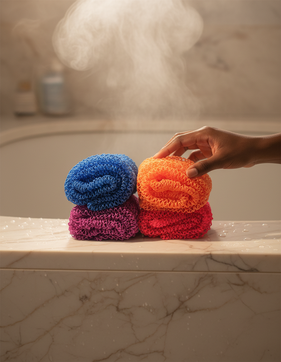 A hand reaching for a stack of blue, orange and purple African exfoliating nets on a marble ledge beside a steaming bath