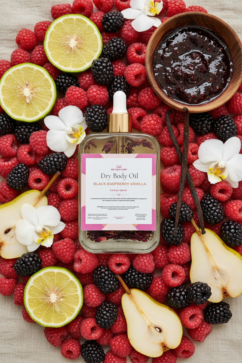 A bottle of Black Raspberry Vanilla Dry Body Oil on a bed of raspberries, blackberries, sliced pears, limes, white orchids and vanilla pods