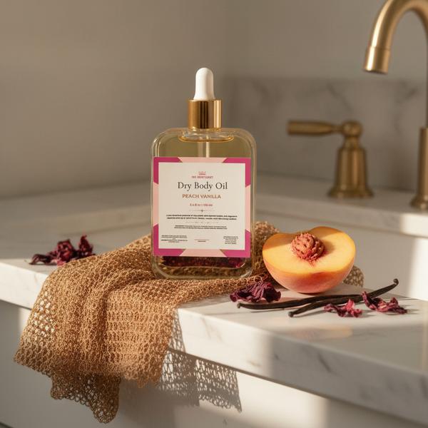 A toffee-colored African exfoliating net draped across a marble sink beside a bottle of dry body oil