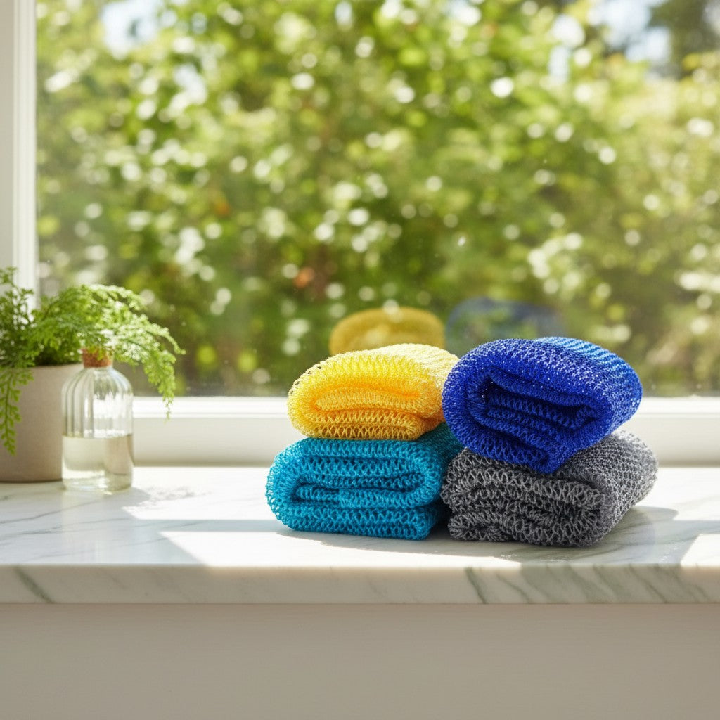 Four rolled African exfoliating nets in yellow, turquoise, royal blue and grey stacked on a marble windowsill beside a fern in morning light