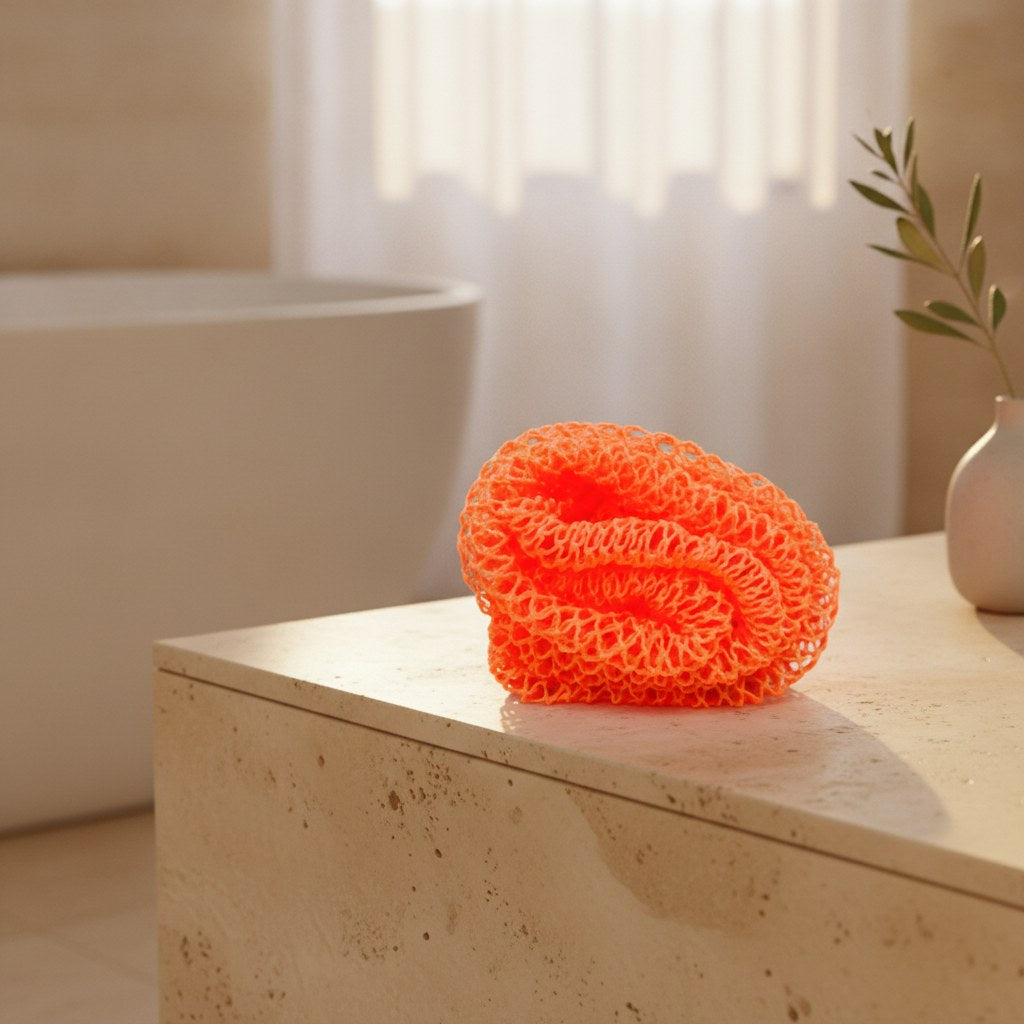 Neon orange African exfoliating net resting on a travertine ledge beside a soaking tub