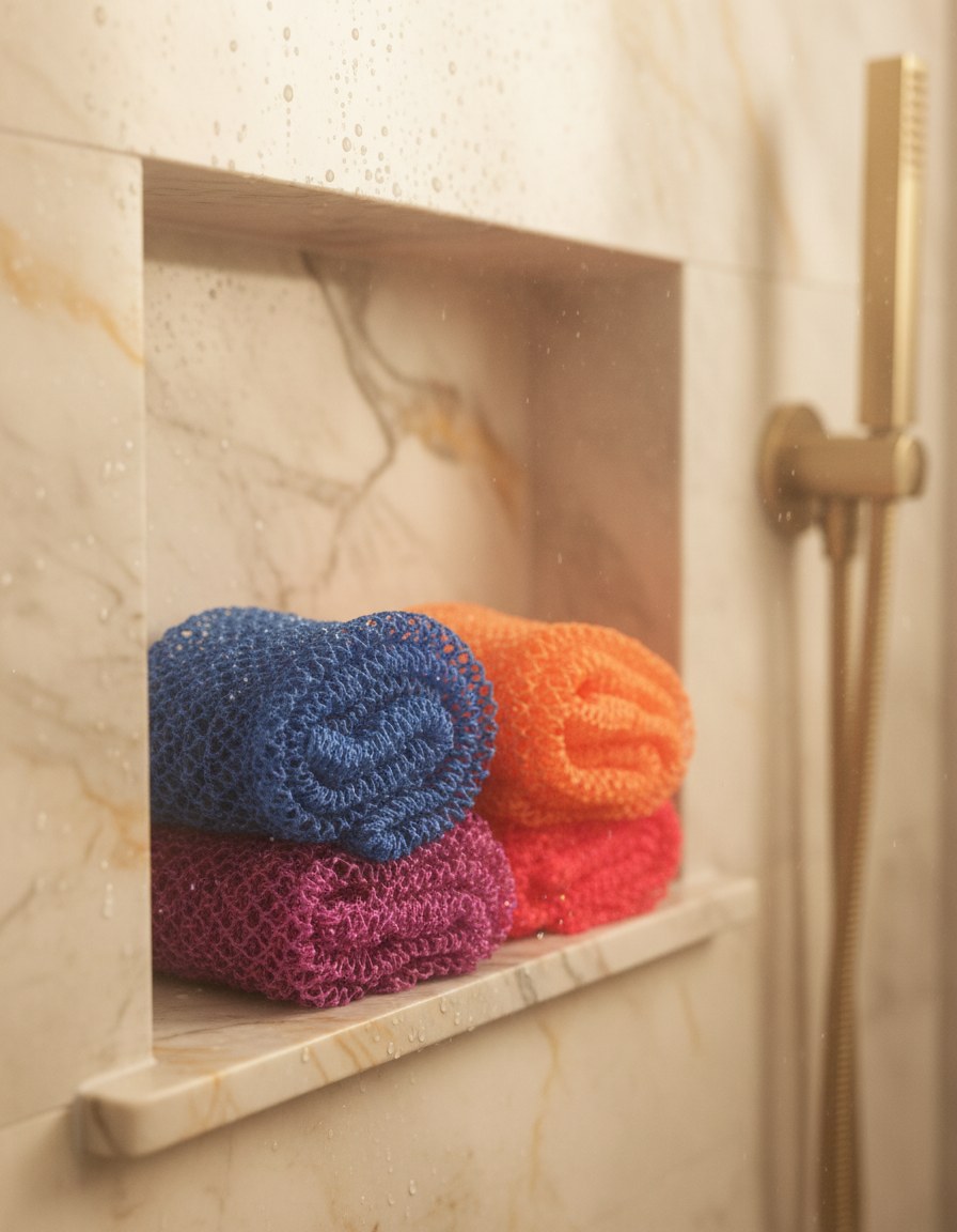 Four rolled African exfoliating nets in blue, orange, magenta and red stacked in a marble shower niche