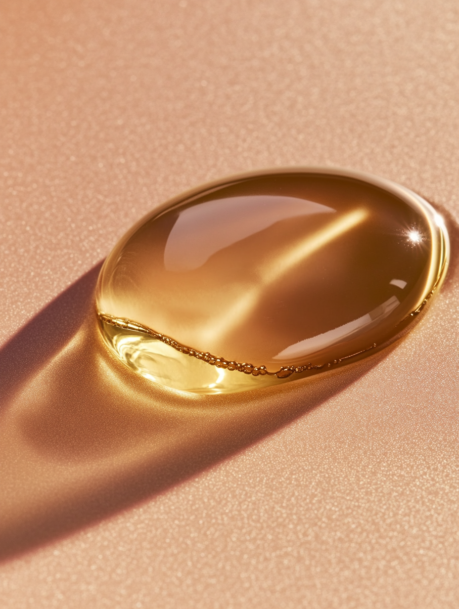 A single drop of golden dry body oil resting on a soft beige surface
