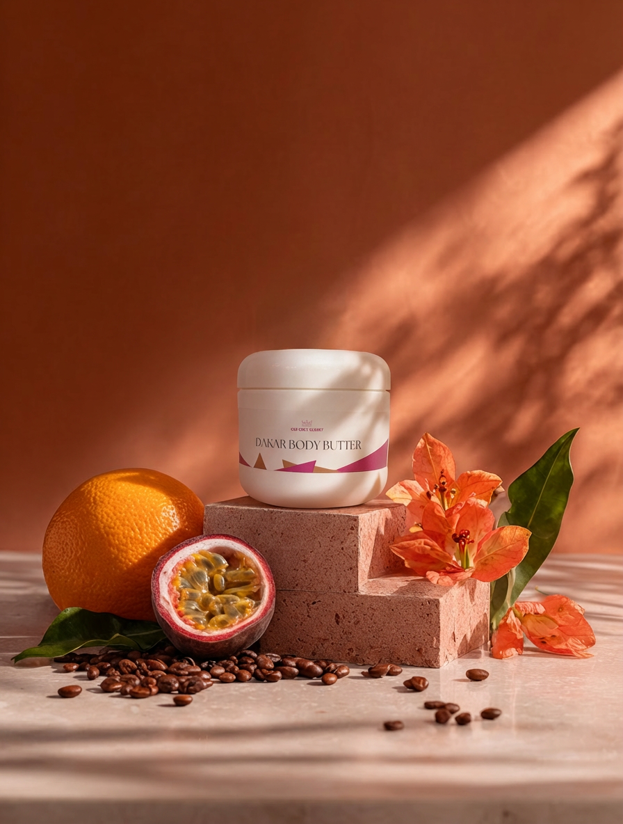 A jar of Dakar Body Butter on a terracotta stone step beside a whole orange, a halved passion fruit, coffee beans and orange blossoms in warm afternoon light