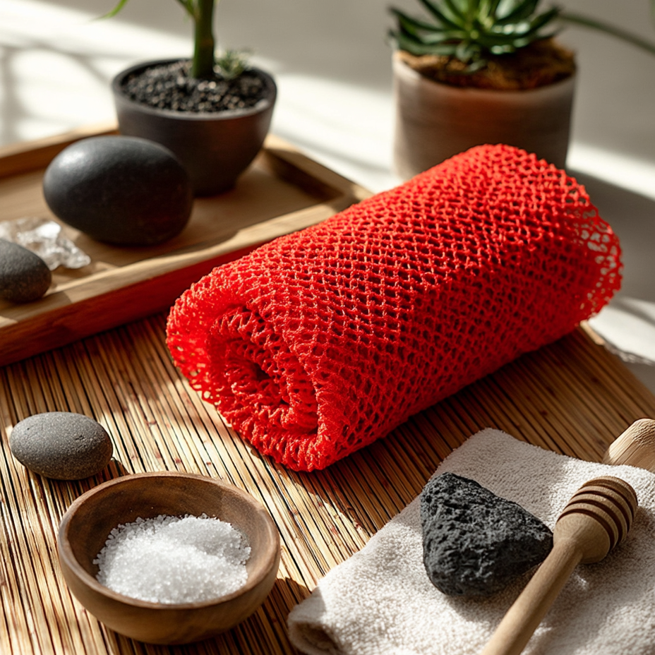 Red african exfoliating net, stones, and a wooden tool on a bamboo mat with plants in the background for peaceful gentle exfoliation towards softer and smoother skin