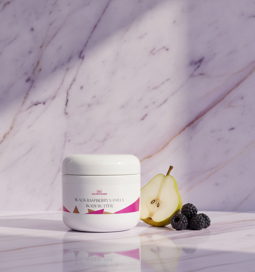Black Raspberry Vanilla Body Butter on lilac marble with sliced pear and blackberries