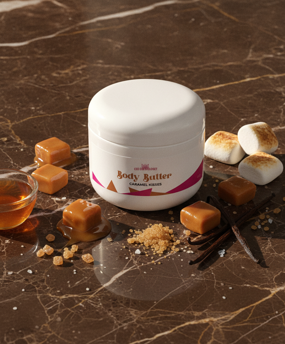 Caramel Kisses Body Butter jar on brown marble with caramels, toasted marshmallows, vanilla beans and brown sugar