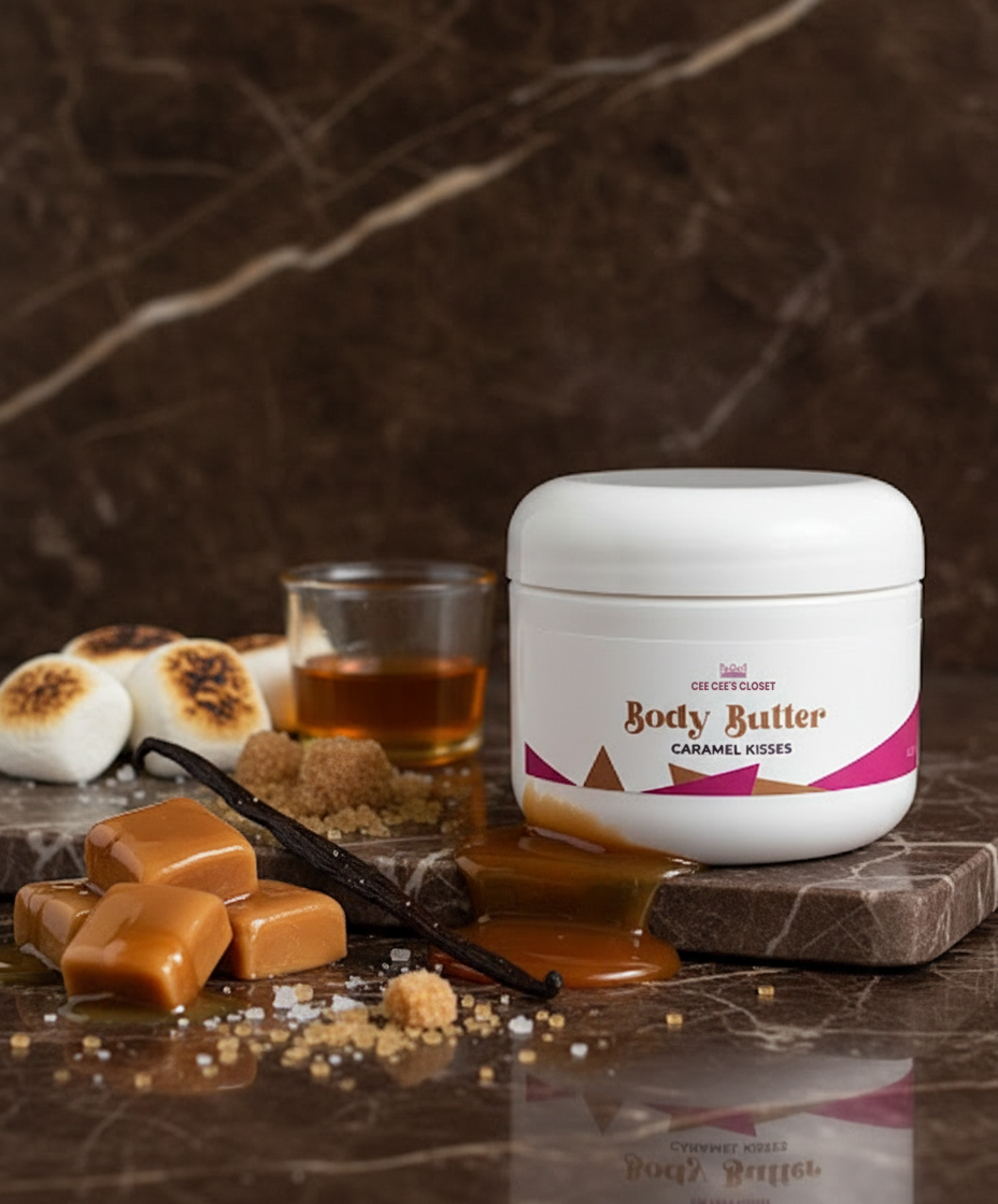 Caramel Kisses Body Butter on a marble slab with dripping caramel, bourbon and toasted marshmallows