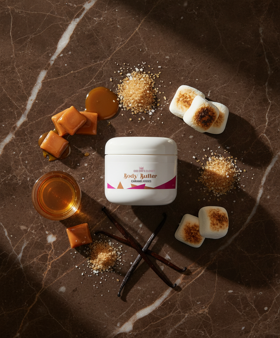 Overhead flat lay of Caramel Kisses Body Butter surrounded by caramels, marshmallows, vanilla and sugar
