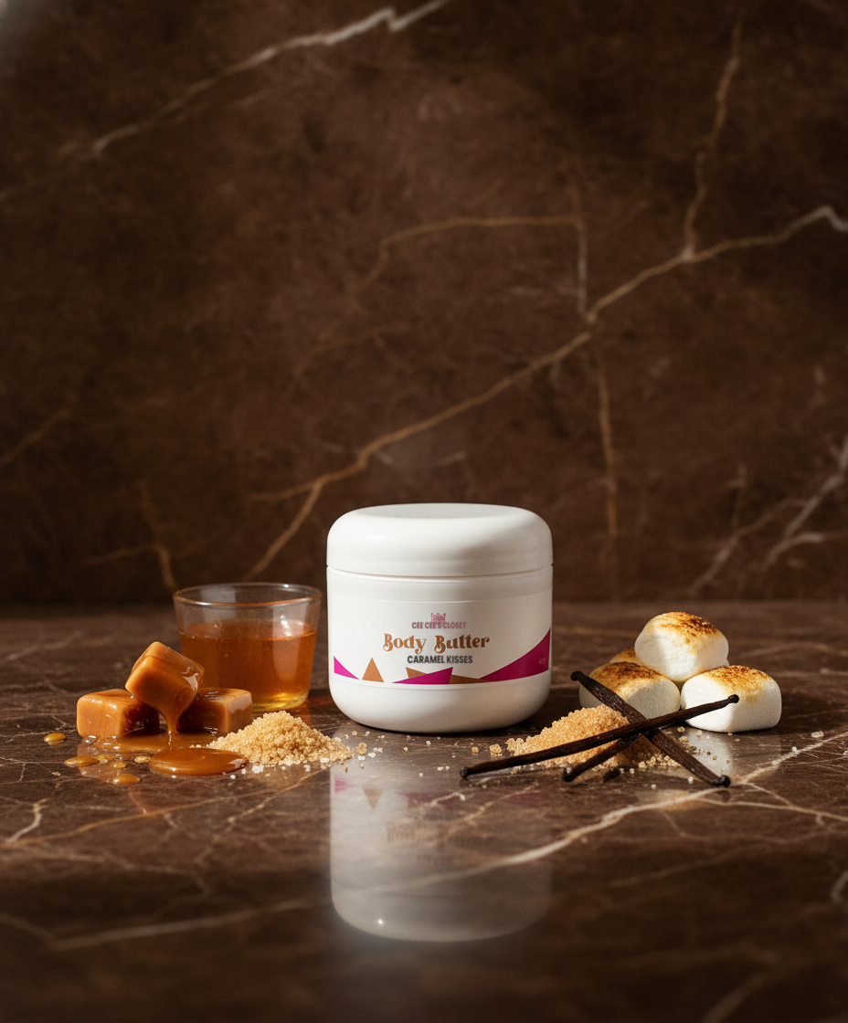 Caramel Kisses Body Butter jar against dark marble with caramel, bourbon and toasted marshmallows