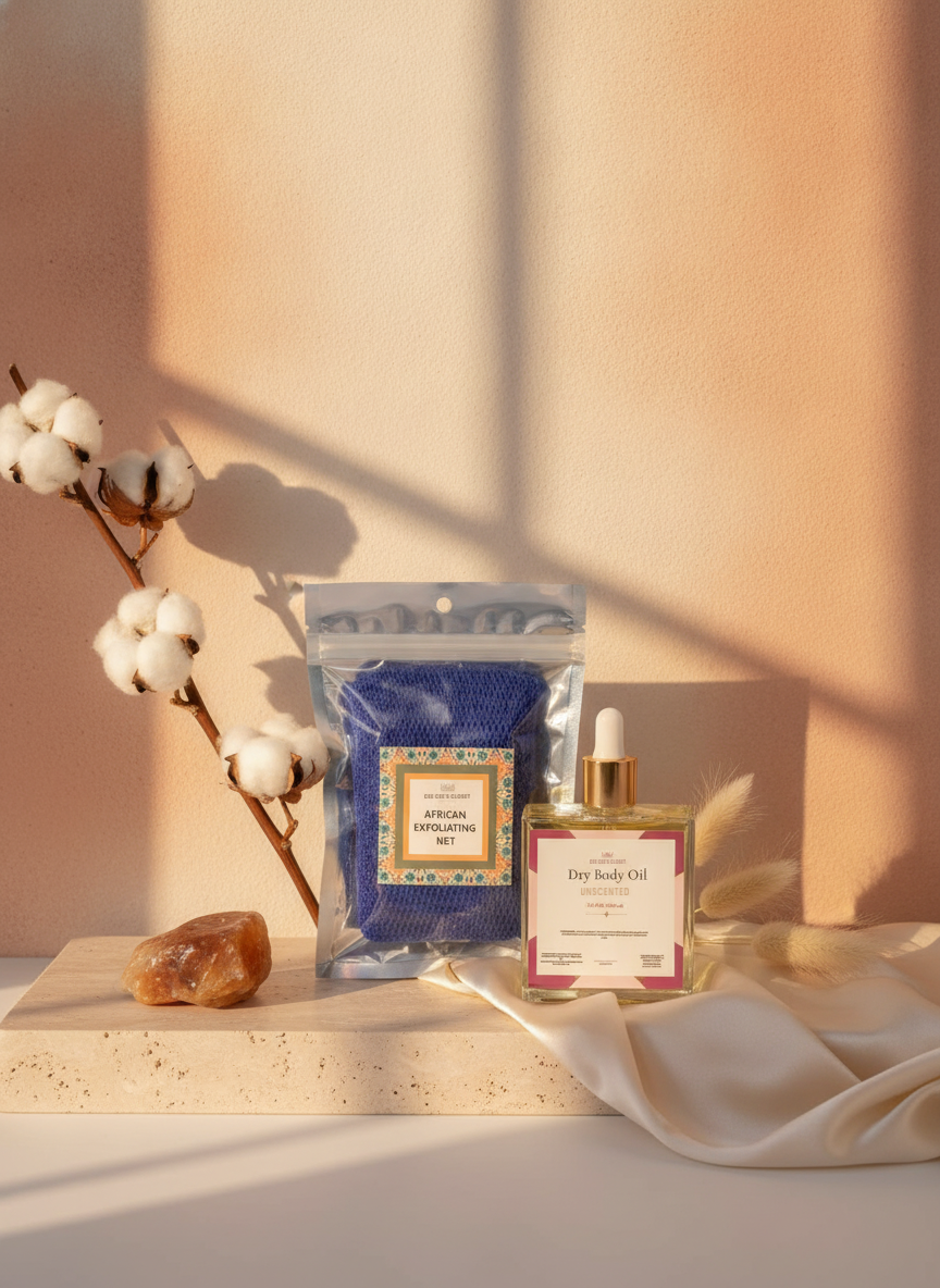Cloud Nine Glow Bundle styled with a cotton branch, pink salt and ivory silk in warm window light