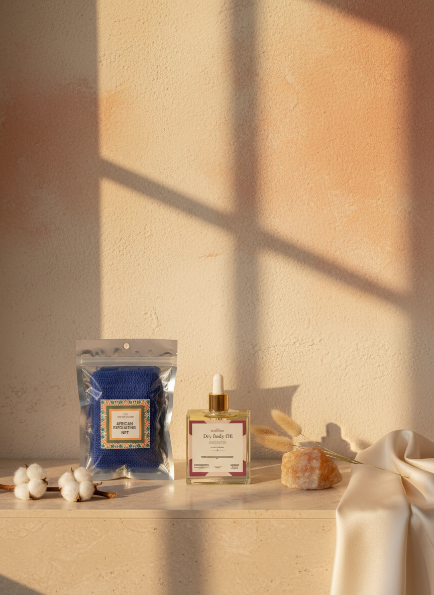 Unscented Dry Body Oil and Royal African Exfoliating Net on a stone ledge in golden-hour light