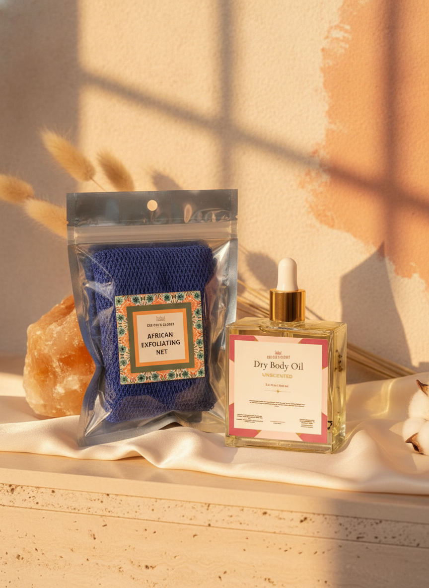 Cloud Nine Glow Bundle: Unscented Dry Body Oil and Royal African Exfoliating Net on silk with cotton and pink salt