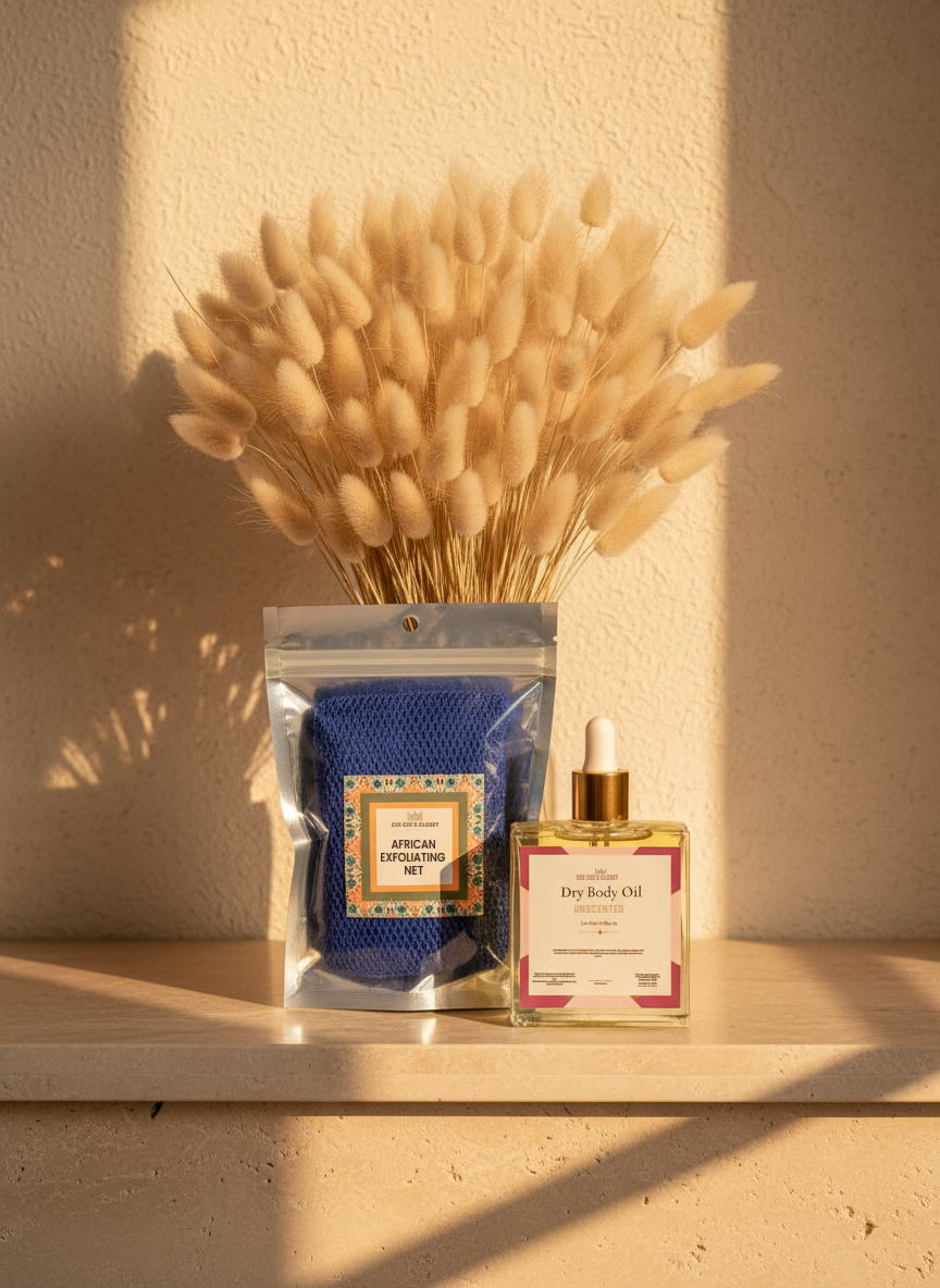 Cloud Nine Glow Bundle with a bunny-tail grass bouquet: Unscented Dry Body Oil and Royal African Exfoliating Net