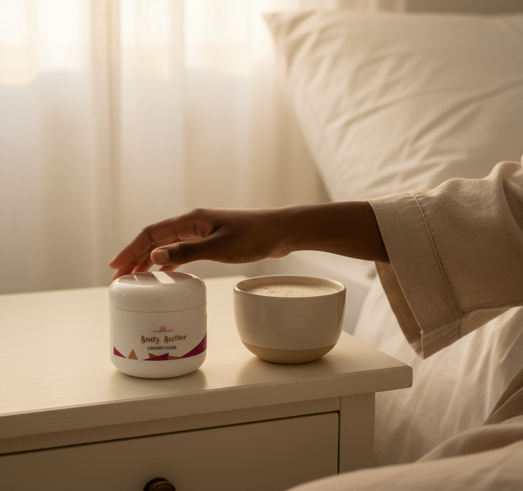 Hand reaching for Coconut Cloud Whipped Body Butter on a bedside table next to a cup of warm milk