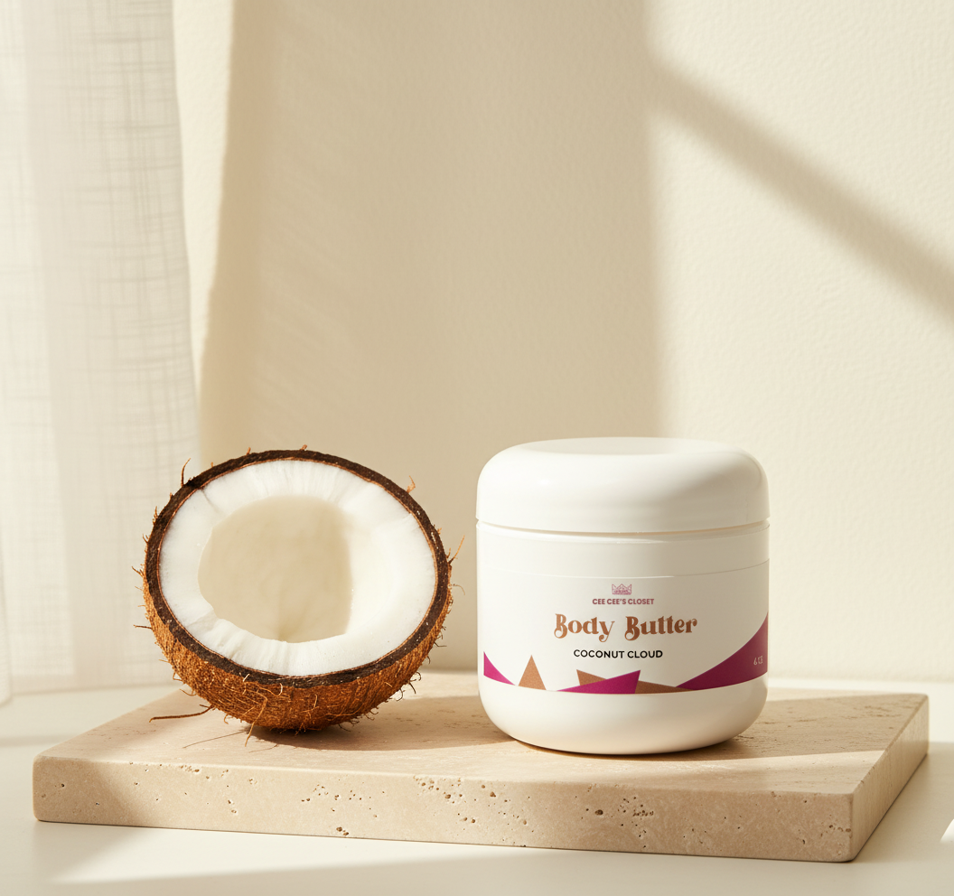 Coconut Cloud Whipped Body Butter on a travertine tray beside a halved coconut in soft window light