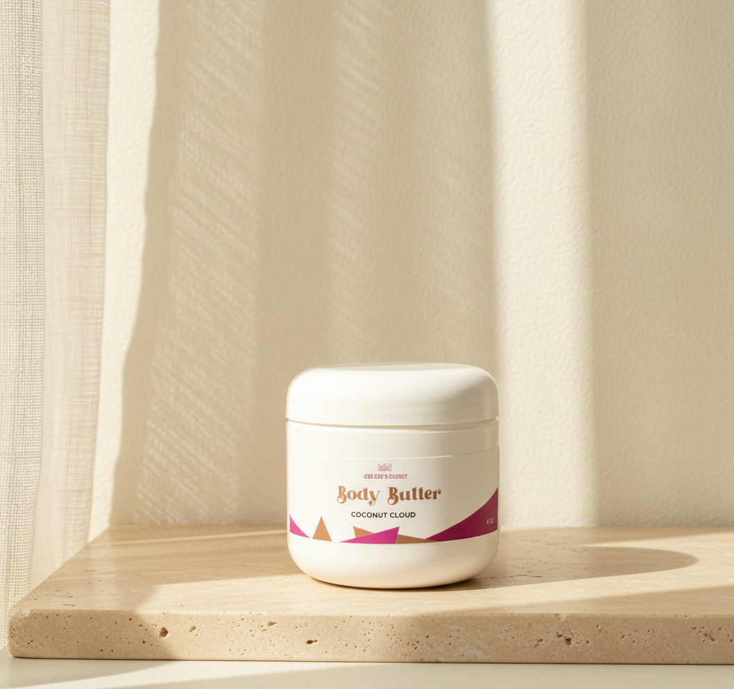 Coconut Cloud Whipped Body Butter jar on travertine in warm sunlight by a sheer curtain