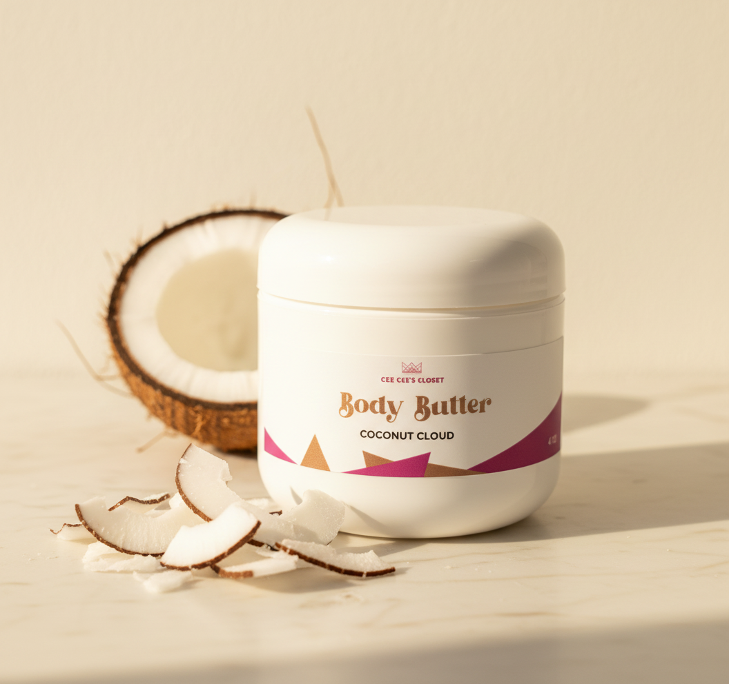 Coconut Cloud Whipped Body Butter jar with a halved coconut and fresh coconut chips on cream marble