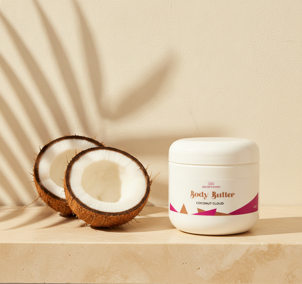 Coconut Cloud Whipped Body Butter on travertine beside two coconut halves under palm-leaf shadows