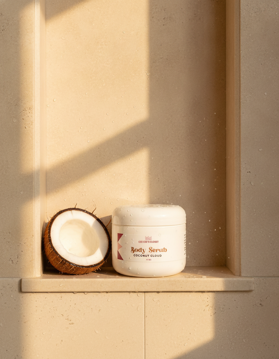 Coconut Cloud Whipped Sugar Scrub in a sunlit shower niche beside a halved coconut, with water droplets on the jar