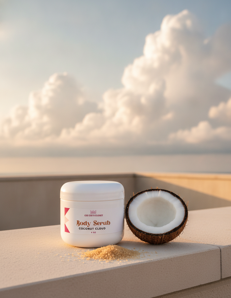Coconut Cloud Whipped Sugar Scrub on a rooftop ledge with a halved coconut and sugar under soft white clouds
