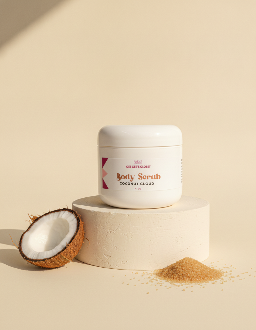 Coconut Cloud Whipped Sugar Scrub on a cream pedestal with a halved coconut and golden sugar