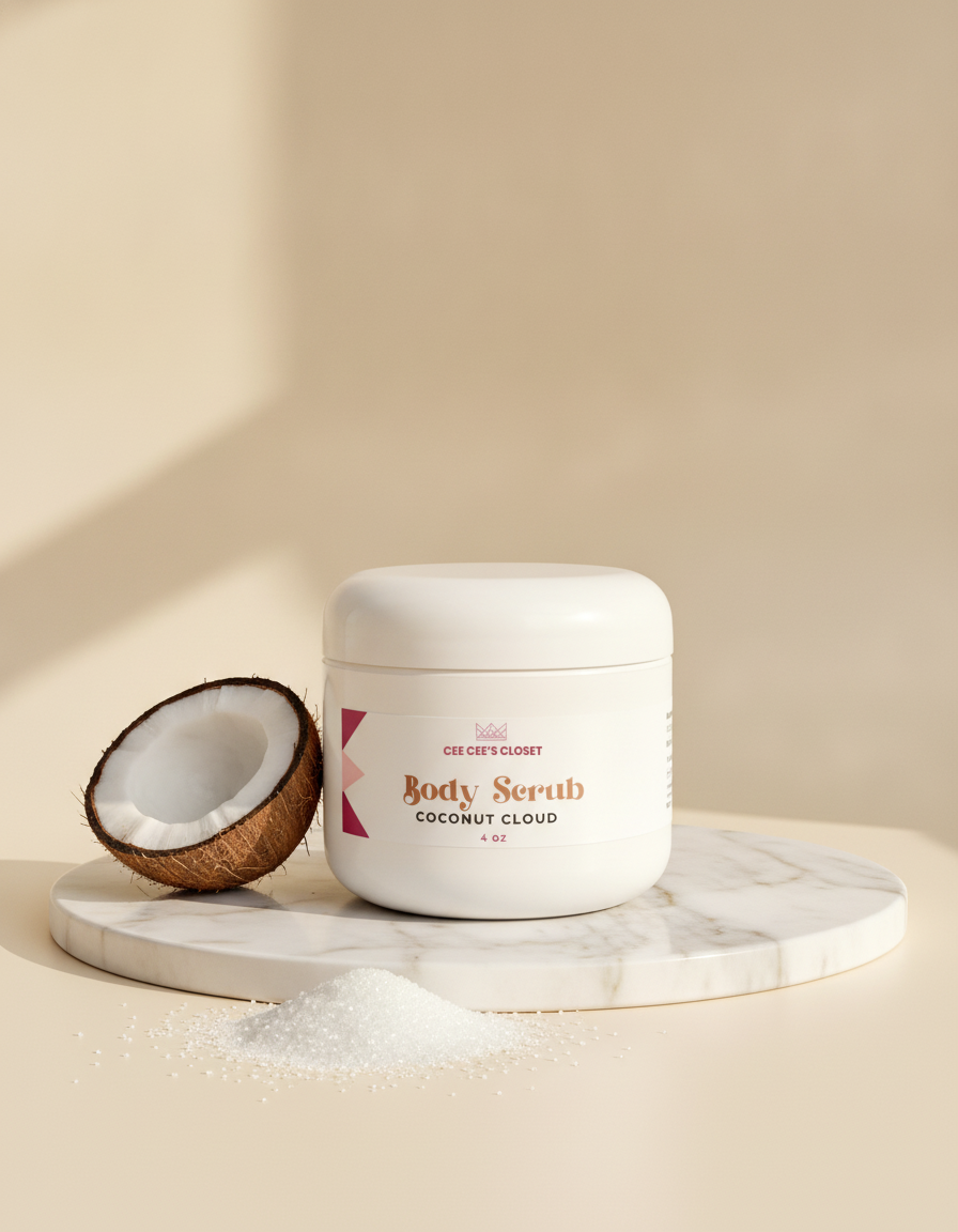 Coconut Cloud Whipped Sugar Scrub jar on a marble tray with a halved coconut and a pile of white sugar