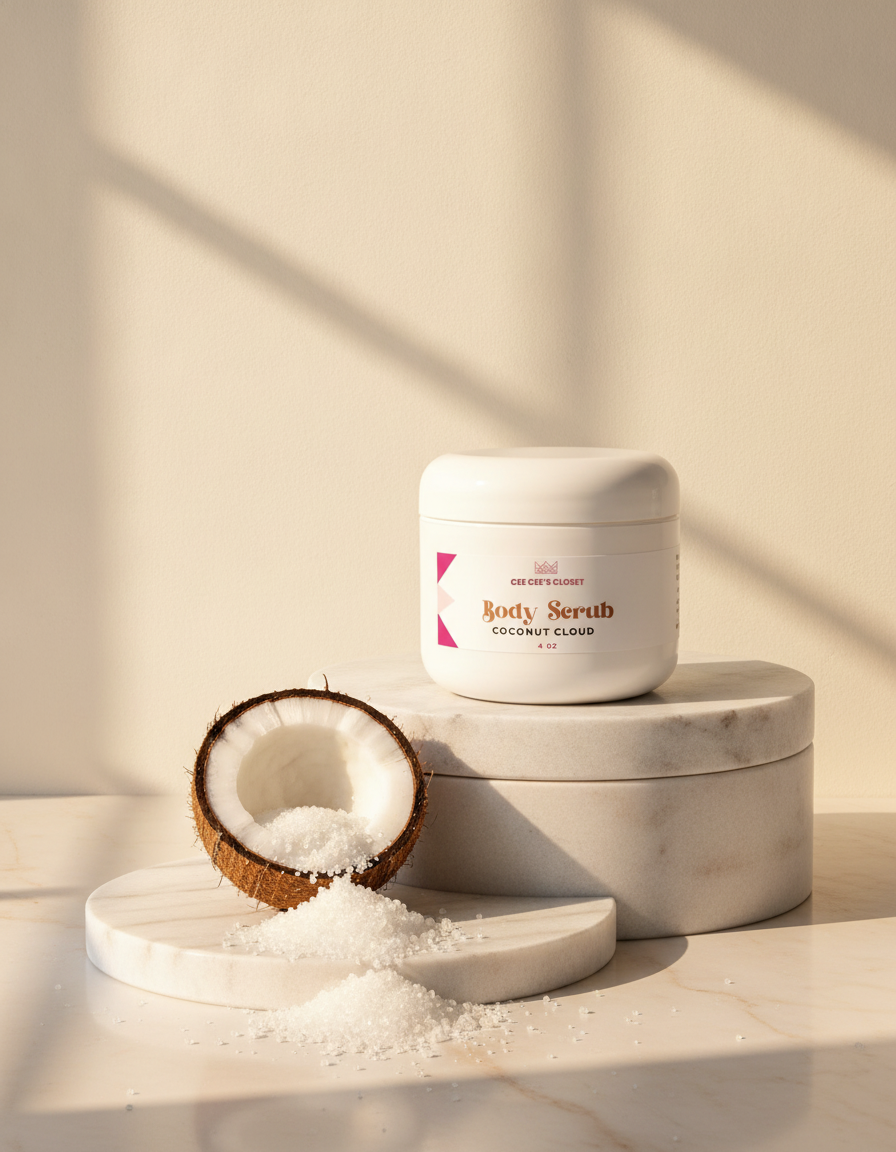 Coconut Cloud Whipped Sugar Scrub on stacked marble with a coconut half spilling white sugar in warm sunlight
