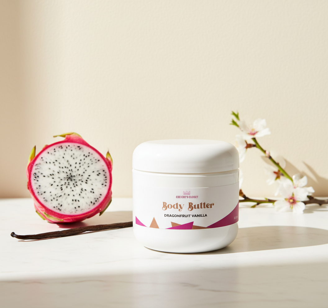Dragonfruit Vanilla Whipped Body Butter jar beside a halved dragonfruit, vanilla bean and almond blossom branch