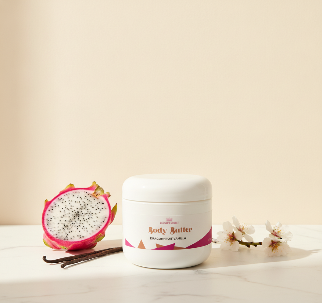 Dragonfruit Vanilla Whipped Body Butter with halved dragonfruit, vanilla pods and almond blossoms
