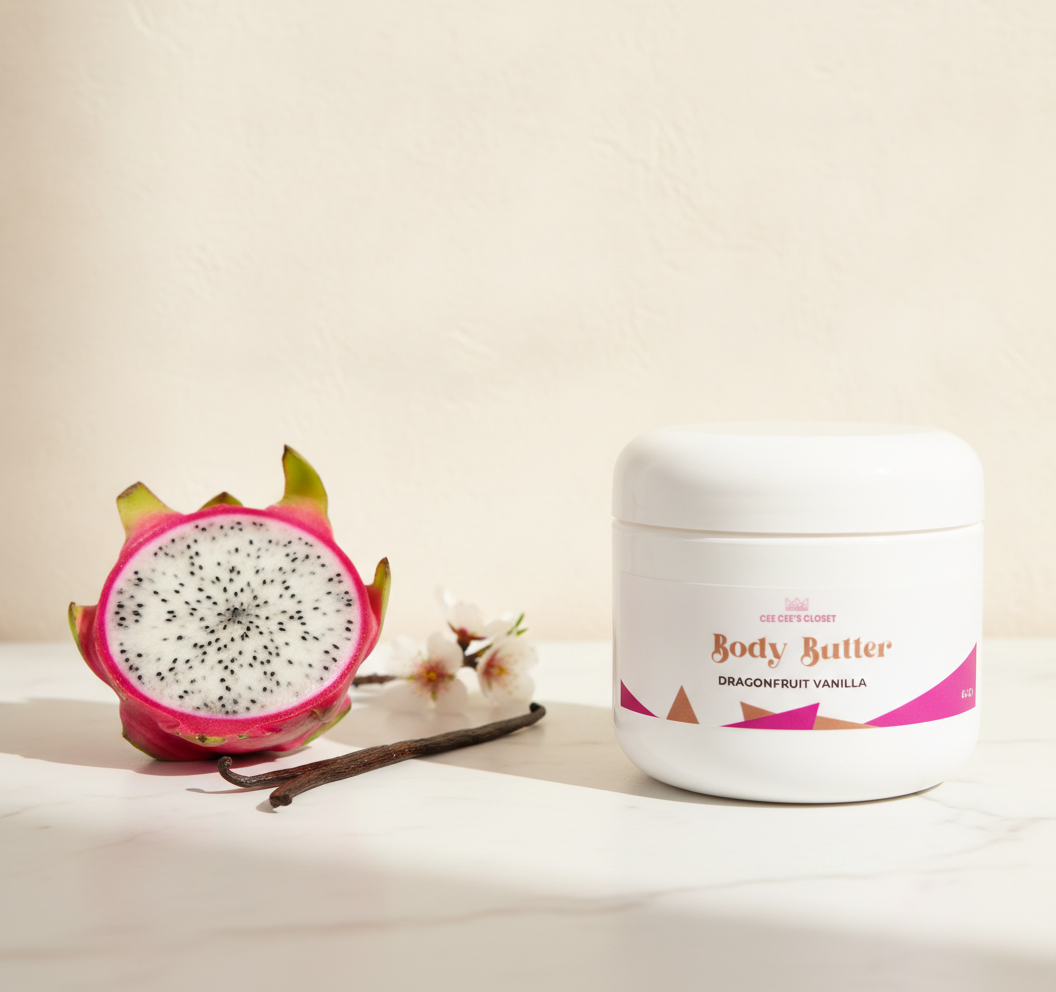 Dragonfruit Vanilla Whipped Body Butter jar with dragonfruit, vanilla bean and blossoms in soft light