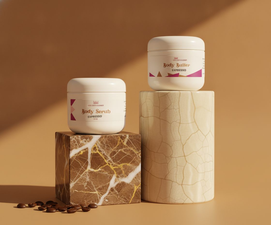 Soft Skin Set in Expresso – Body Scrub and Body Butter on marble pedestals with coffee beans