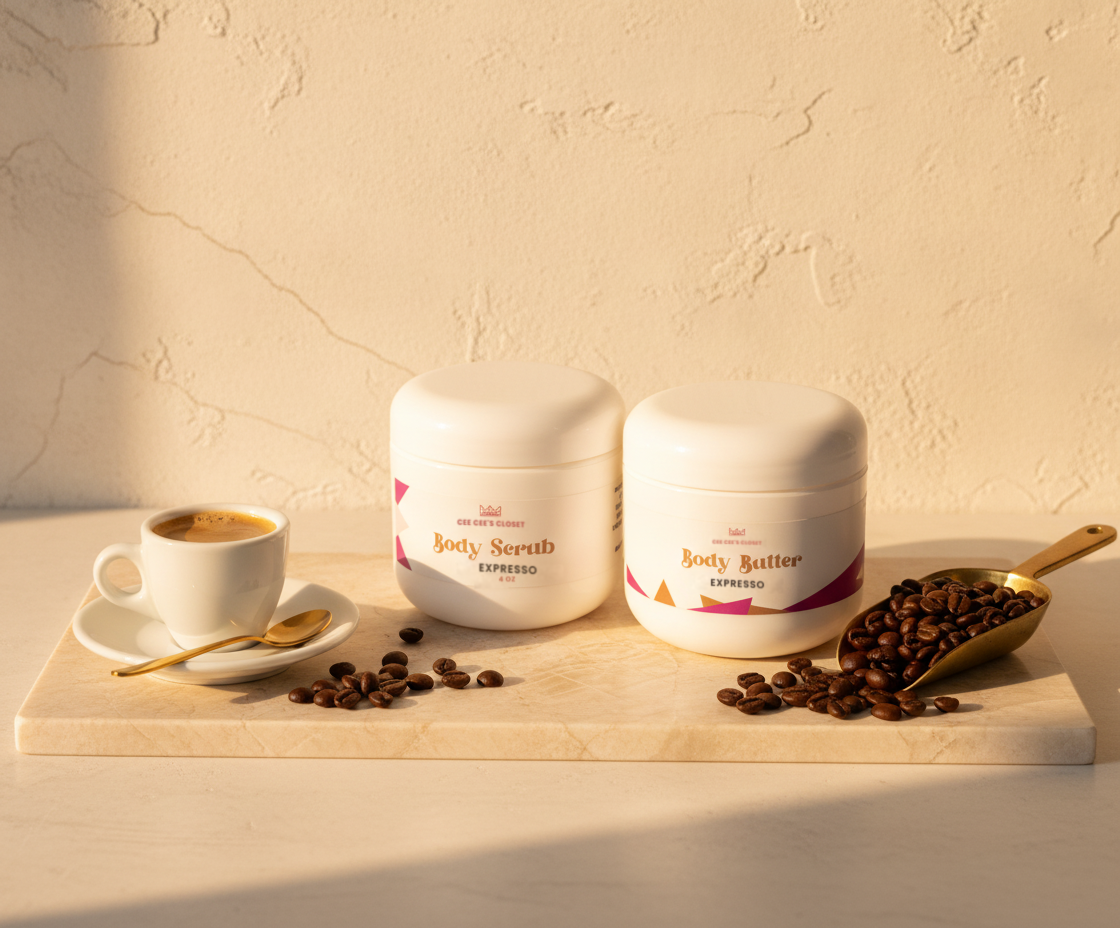 Soft Skin Set in Expresso – Body Scrub and Body Butter with an espresso cup and coffee beans