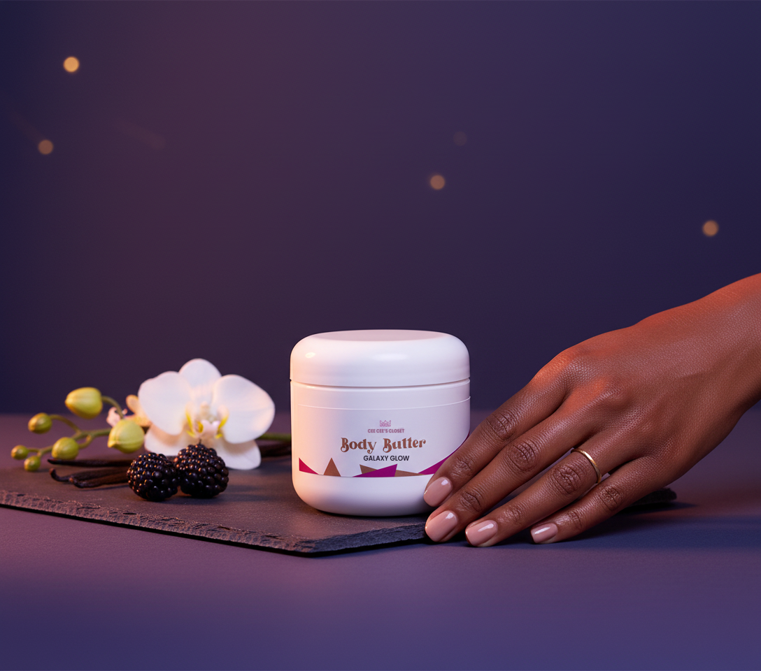 Galaxy Glow Whipped Body Butter on slate at night with blackberries, white orchid and vanilla, a hand reaching for the jar