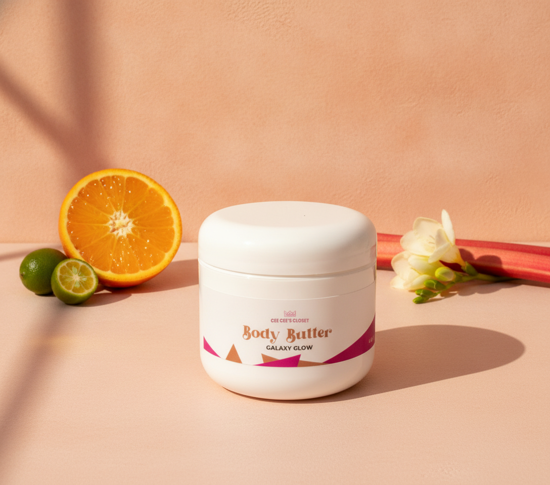 Galaxy Glow Whipped Body Butter in warm sunlight with Valencia orange, limequat, pink rhubarb and freesia