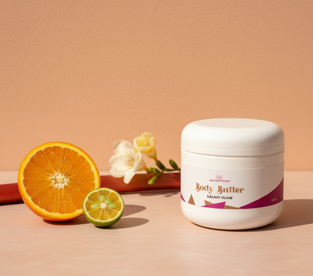 Galaxy Glow Whipped Body Butter beside a halved orange, limequat, rhubarb stalk and white freesia