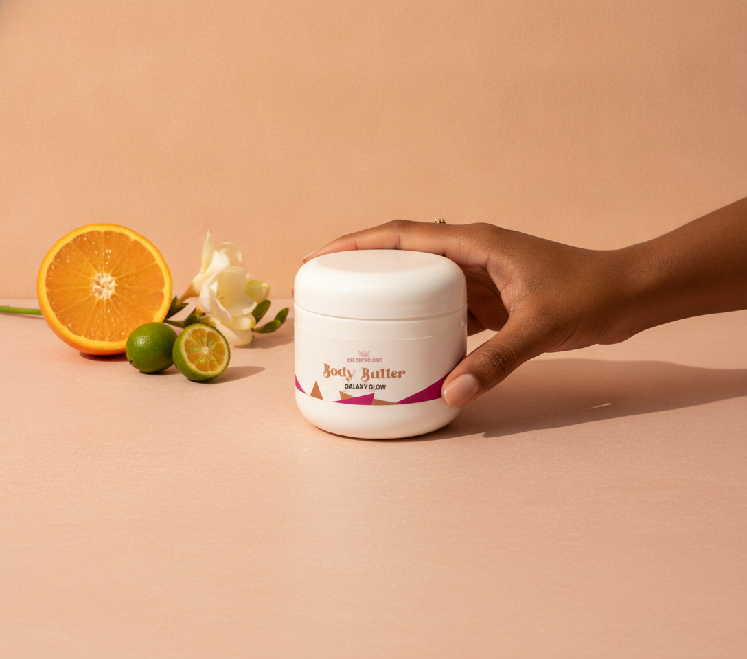 Hand resting on a Galaxy Glow Whipped Body Butter jar with orange, limequats and freesia