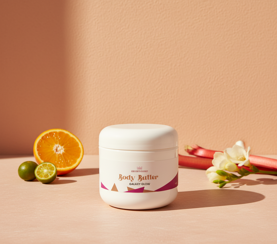 Galaxy Glow Whipped Body Butter jar on a peach backdrop with halved orange, limequats, rhubarb and freesia