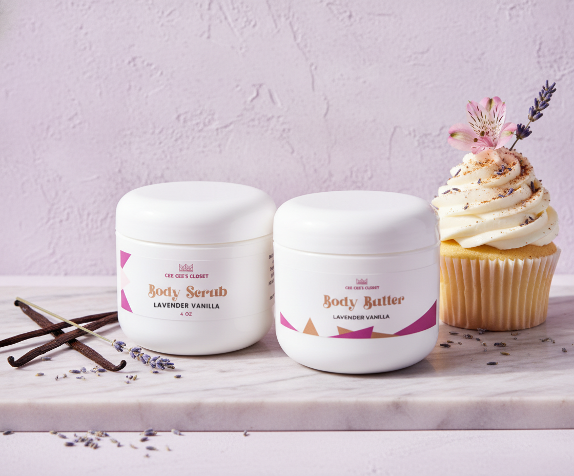 Soft Skin Set in Lavender Vanilla – Body Scrub and Body Butter beside a lavender vanilla cupcake