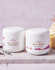 Soft Skin Set in Lavender Vanilla – Body Scrub and Body Butter beside a lavender vanilla cupcake