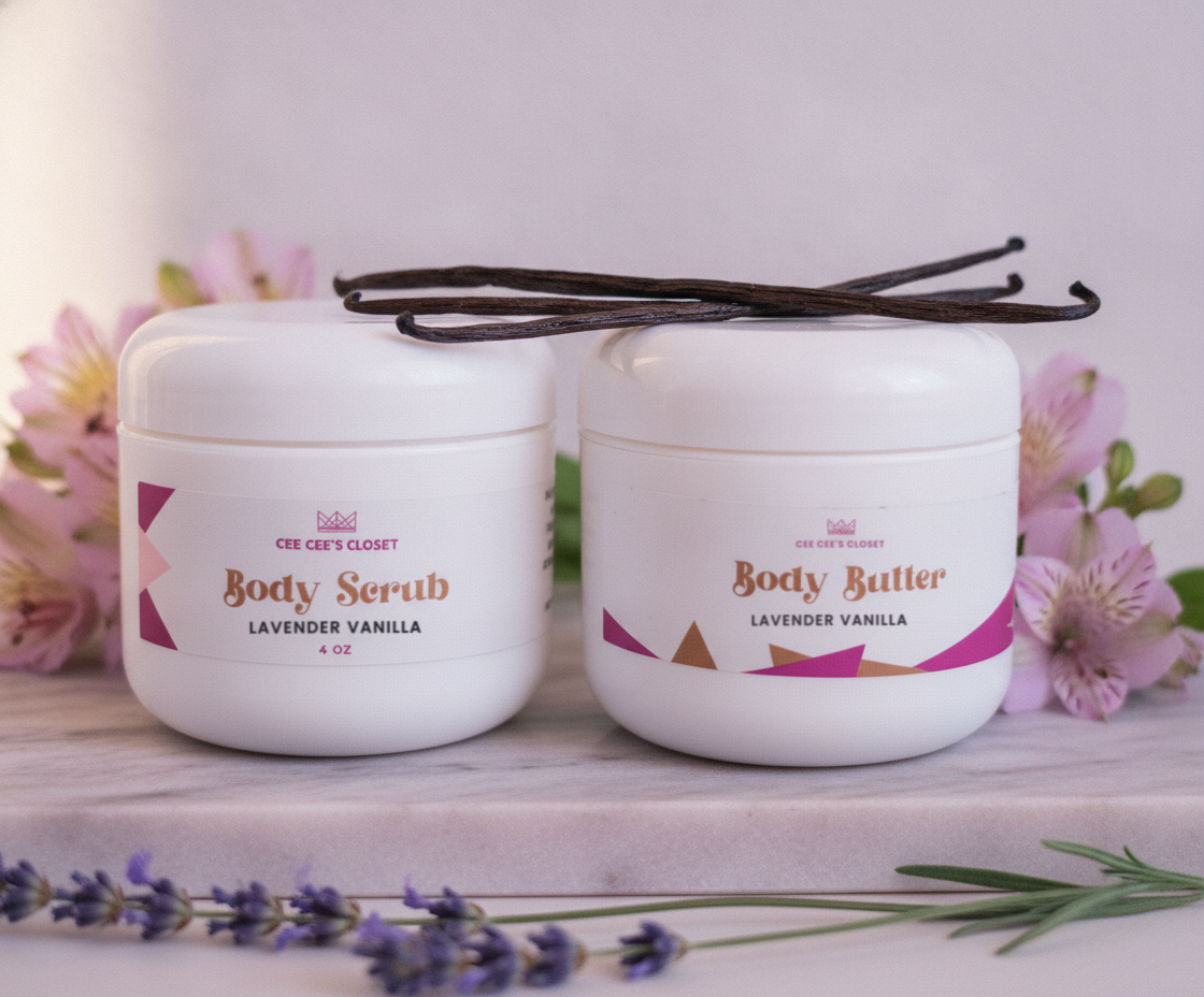 Soft Skin Set in Lavender Vanilla – Body Scrub and Body Butter topped with vanilla beans among pink lilies