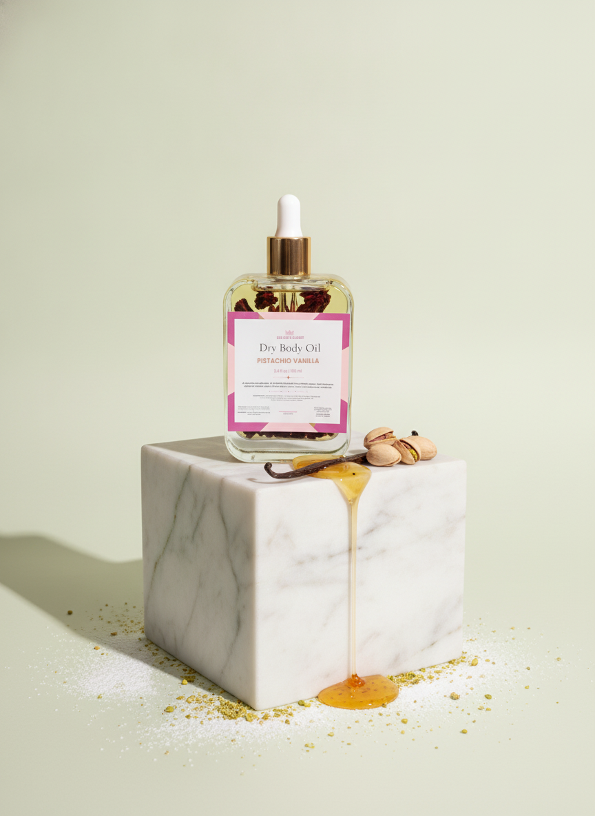 Pistachio Vanilla Dry Body Oil styled on white marble with golden honey, vanilla and crushed pistachio