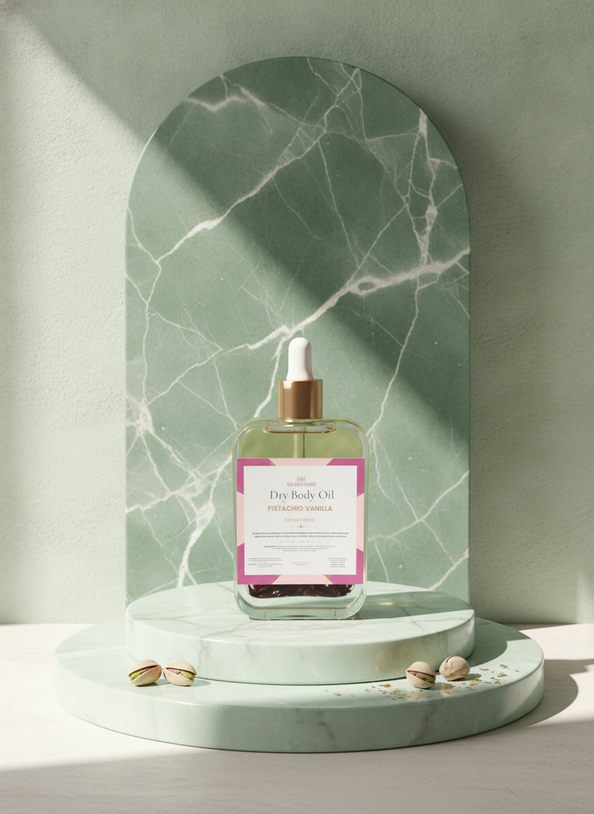 Pistachio Vanilla Dry Body Oil on a green marble podium in soft sunlight