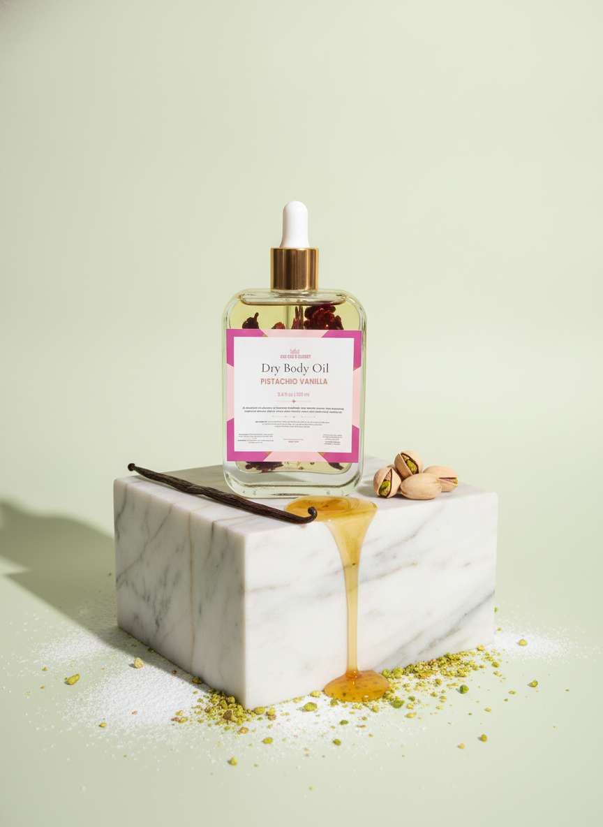 Pistachio Vanilla Dry Body Oil on a marble block with honey drip, vanilla bean and pistachios