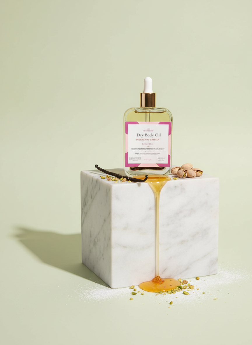Pistachio Vanilla Dry Body Oil atop a marble cube with a honey pour and pistachios